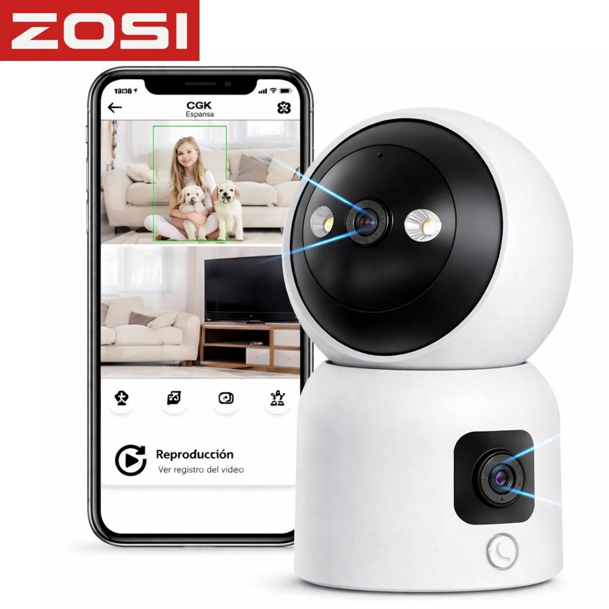 Cámara de Seguridad WiFi Doble Lente 2MP+2MP 360° con IR Cut 4mm y Seguimiento Automático. Camara de Videovilancia con Llamada por Gesto y Botón y Visión Nocturna 10m.