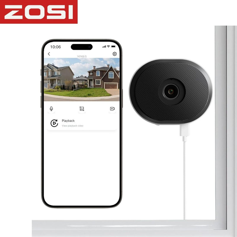 Cámara de Seguridad WiFi para Ventana 3MP 2.4GHz/5GHz con Visión Nocturna a Color y Detección de Movimiento. Montaje Peel & Stick sin Herramientas