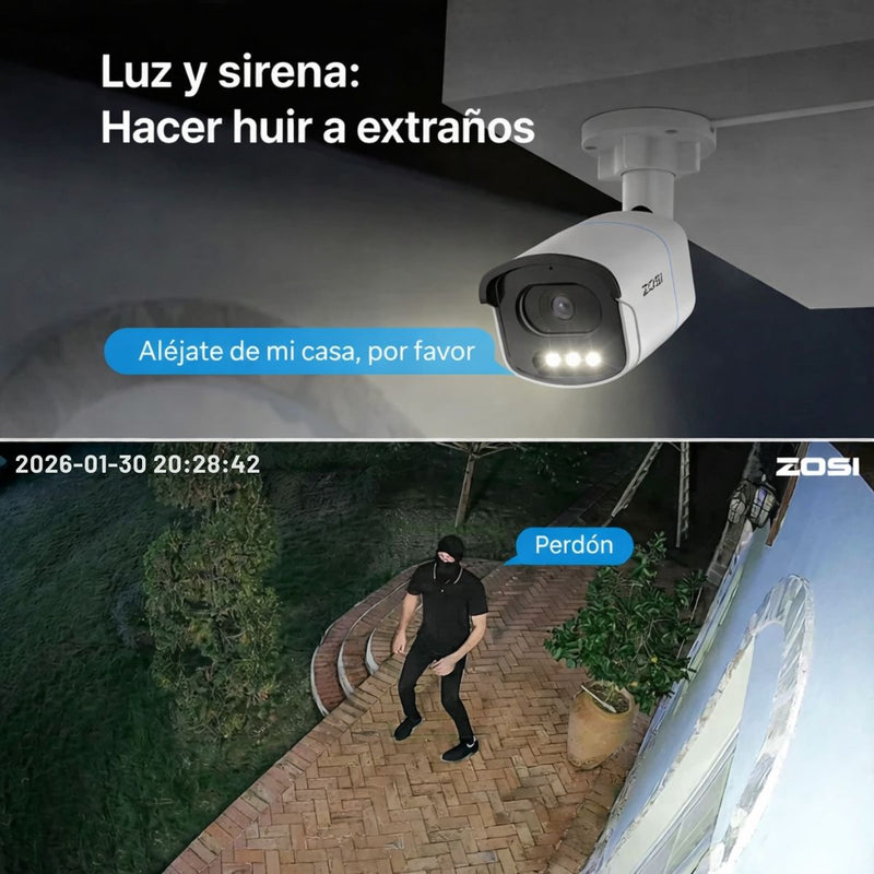 Cámara de Seguridad IP PoE 8MP 4K Exterior Color Nocturno 30m y Lente 4mm F1.0 con Detección Humana y Vehicular, Audio Bidireccional IP66