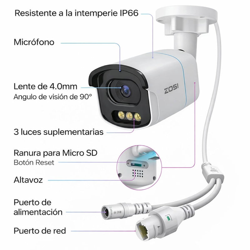 Cámara de Seguridad IP PoE 8MP 4K Exterior Color Nocturno 30m y Lente 4mm F1.0 con Detección Humana y Vehicular, Audio Bidireccional IP66
