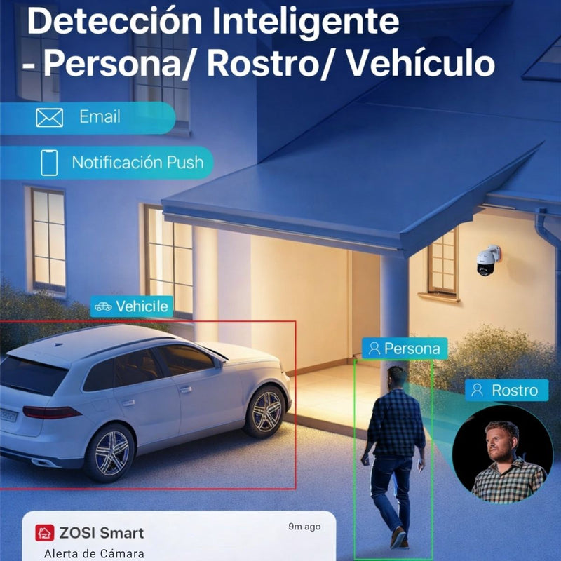Cámara IP PoE PTZ 4K Exterior, Giro 355° e Inclinación 140°, Auto Seguimiento, Visión Nocturna 30m, Detección IA