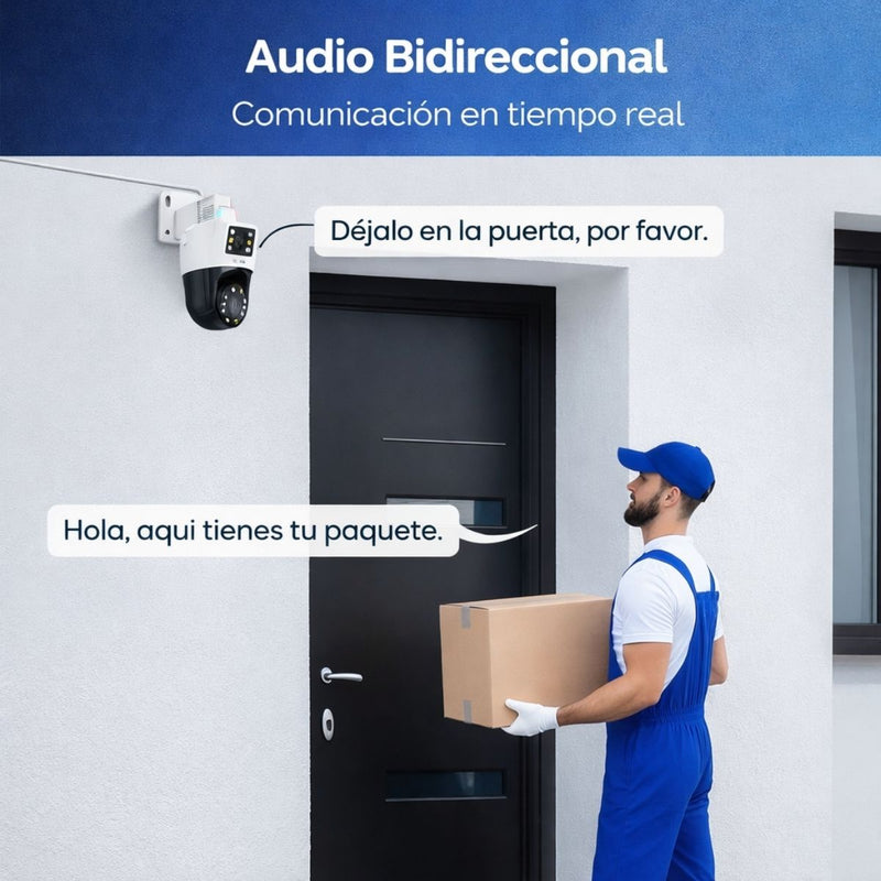 Cámara IP PoE Exterior Doble Lente 4MP+4MP con Visión Nocturna Color 30m, Detección de Personas y Vehículos, Audio Bidireccional