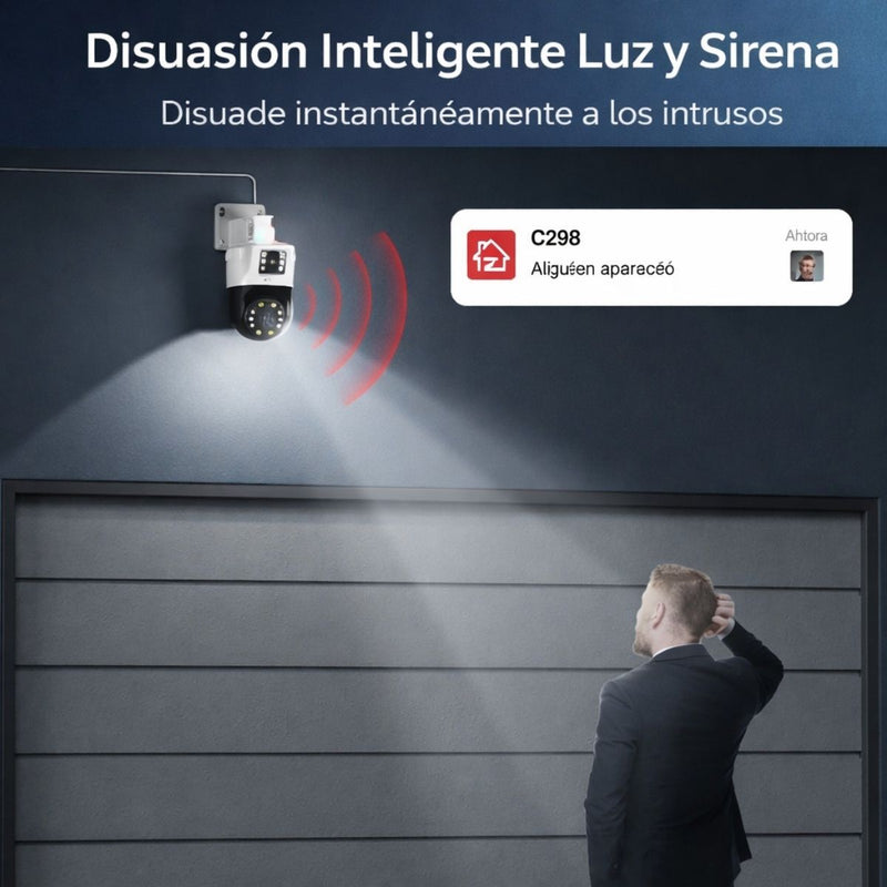 Cámara IP PoE Exterior Doble Lente 4MP+4MP con Visión Nocturna Color 30m, Detección de Personas y Vehículos, Audio Bidireccional