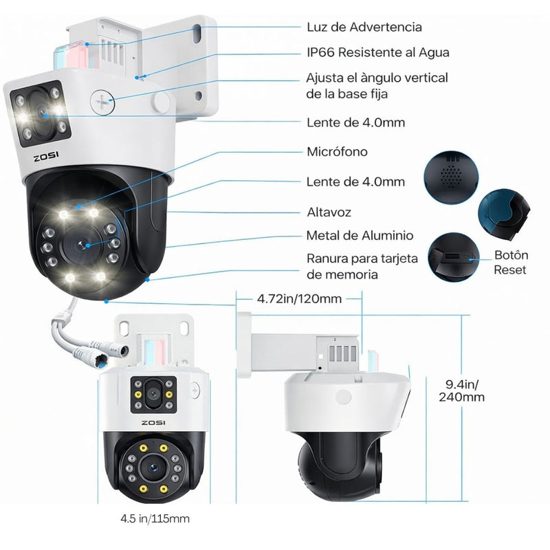 Cámara IP PoE Exterior Doble Lente 4MP+4MP con Visión Nocturna Color 30m, Detección de Personas y Vehículos, Audio Bidireccional