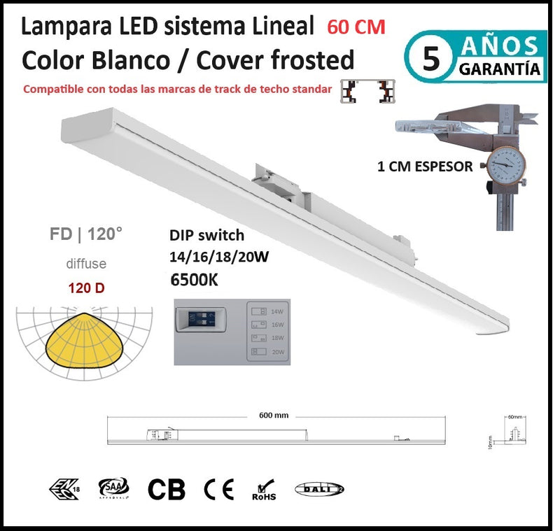 Lampara 6500K Lineal 60 cm Blanca frosted 3200lm 20W DIP ajustable 14/16/18/20W CRI90 3 Cables AC100-227V