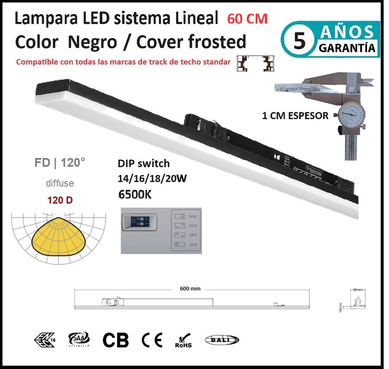 Lampara 6500K Lineal 60 cm Negra frosted 3200lm 20W DIP ajustable 14/16/18/20W CRI90 3 Cables AC100-227V