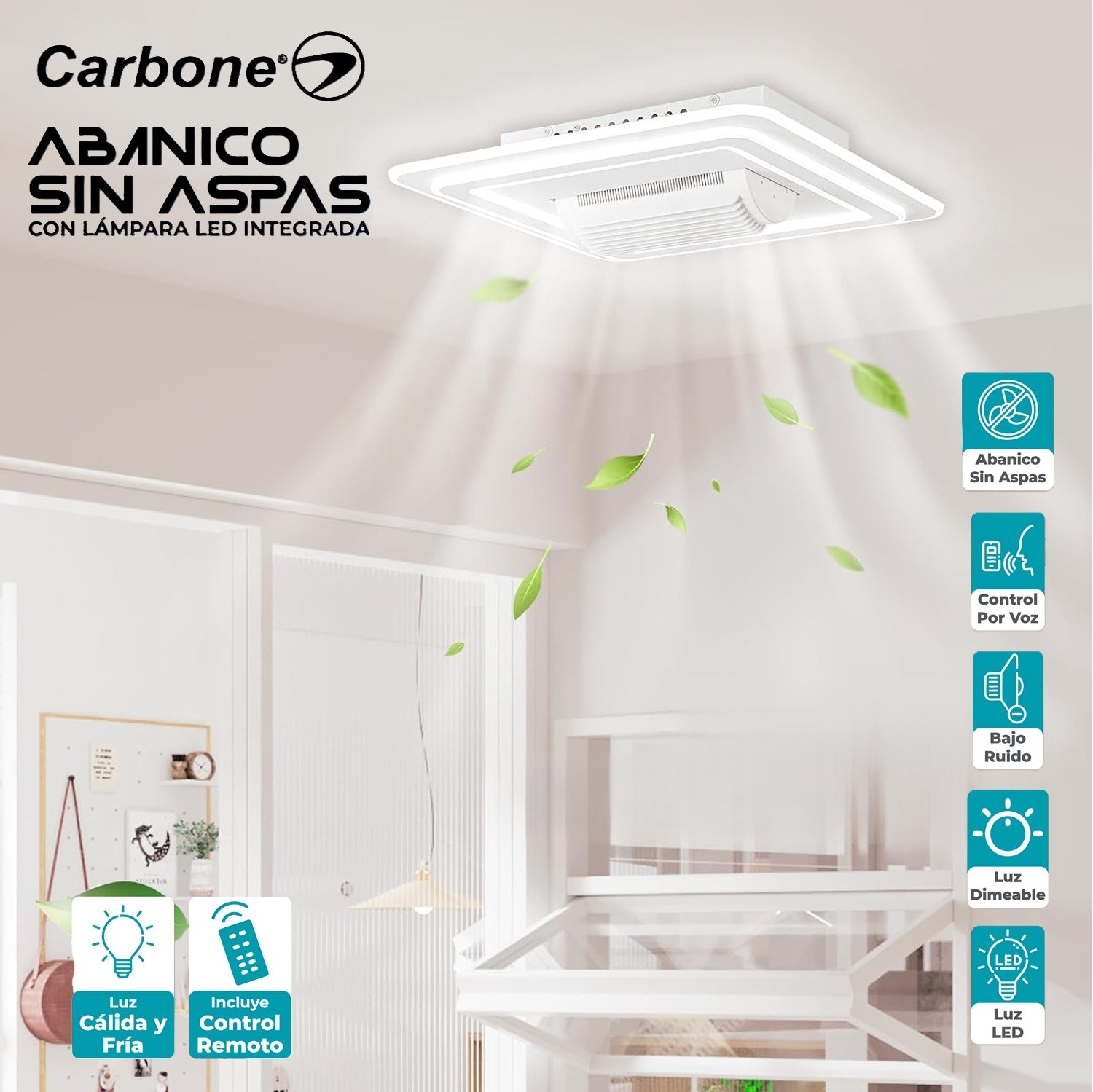 Abanico sin aspas Lampara LED Cuadrada decorativa control por voz dimeable 3000-6500K de 21" (54cm) 75w