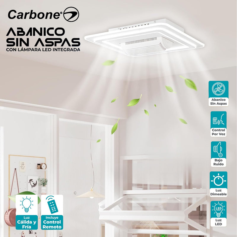 Abanico sin aspas Lampara LED Cuadrada decorativa control por voz dimeable 3000-6500K de 21" (54cm) 75w