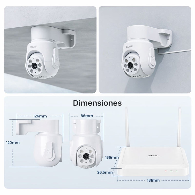Cámaras de Seguridad WiFi 5MP PTZ (Set de 4) con NVR 8 Canales  con Visión Nocturna Color, Detección IA y Audio Bidireccional