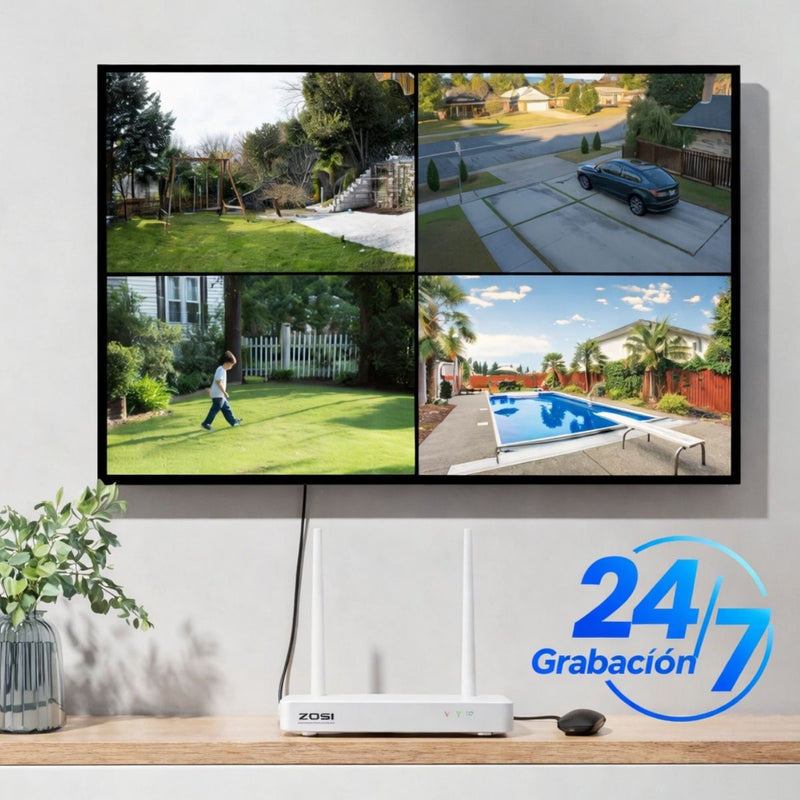 Cámaras de Seguridad WiFi 6 de 5MP (Set de 4) con NVR 8 Canales. Sistema de Vigilancia con Visión Nocturna Color, Detección de Personas, Audio Bidireccional