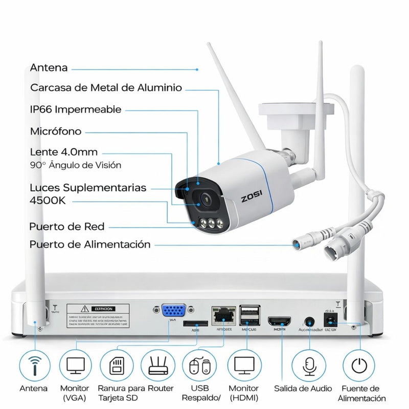 Cámaras de Seguridad WiFi 6 de 5MP (Set de 4) con NVR 8 Canales. Sistema de Vigilancia con Visión Nocturna Color, Detección de Personas, Audio Bidireccional
