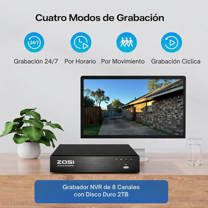 Cámaras De Seguridad PoE 8.0MP/4K (Set de 4) con NVR 8 Canales. Visión Nocturna a Color 20m y Detección Humana con Audio Integrado