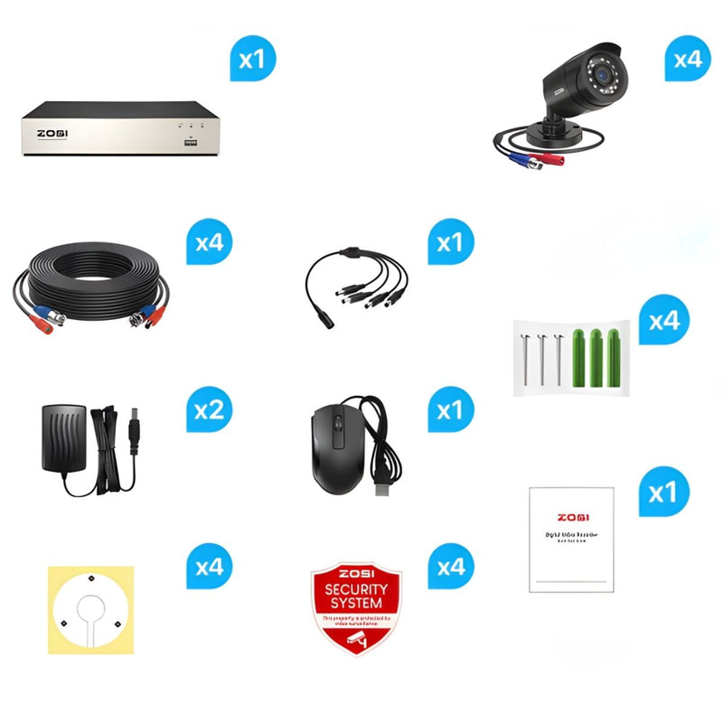 Cámaras de Seguridad 1080P Con DVR 1080P 8 Canales (Set de 4) Con Visión Nocturna 24 IR 24m. Compatible TVI AHD CVI CVBS