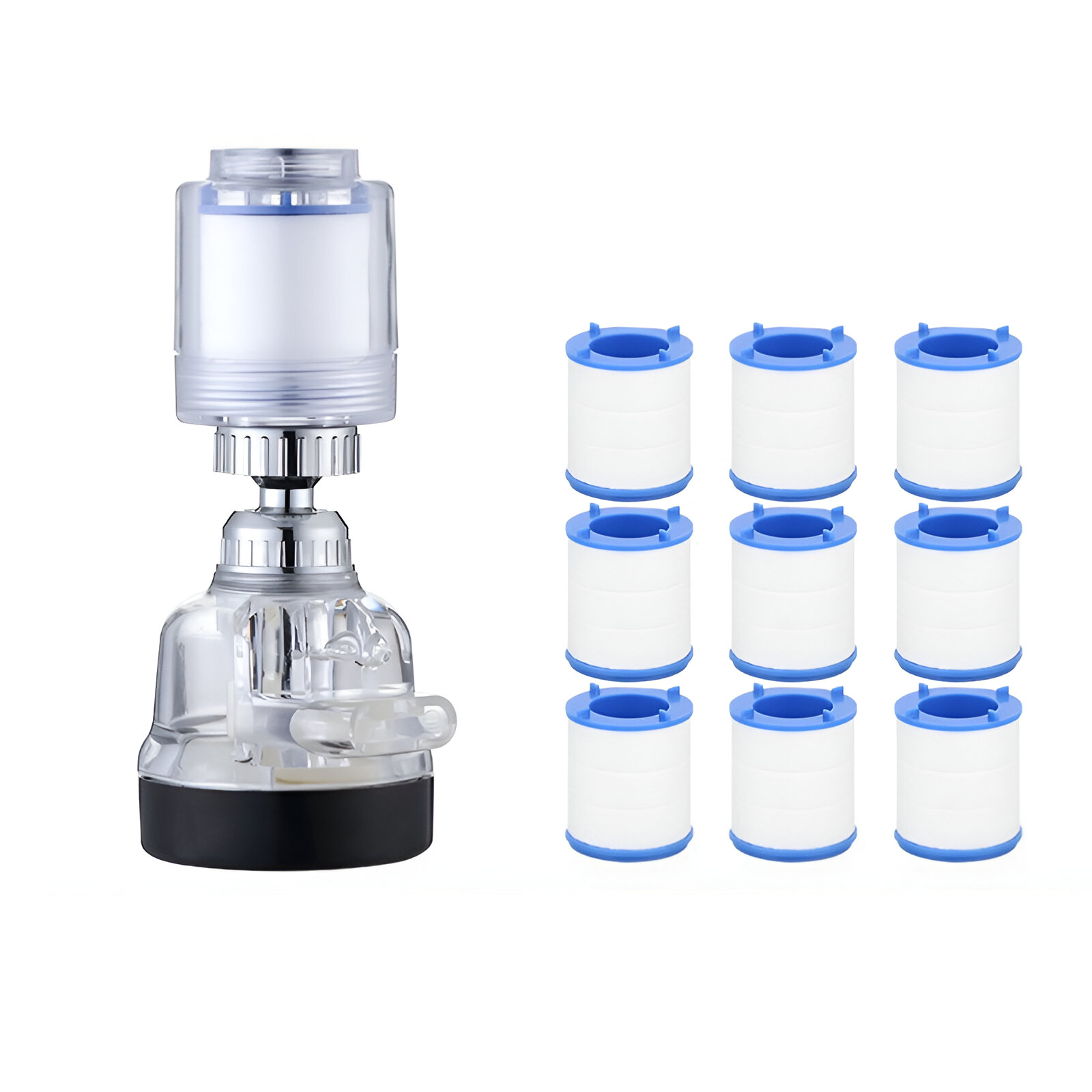 Boquilla para grifo con filtro de purificación y rotación de 360º, incluye 9 filtros de repuesto.