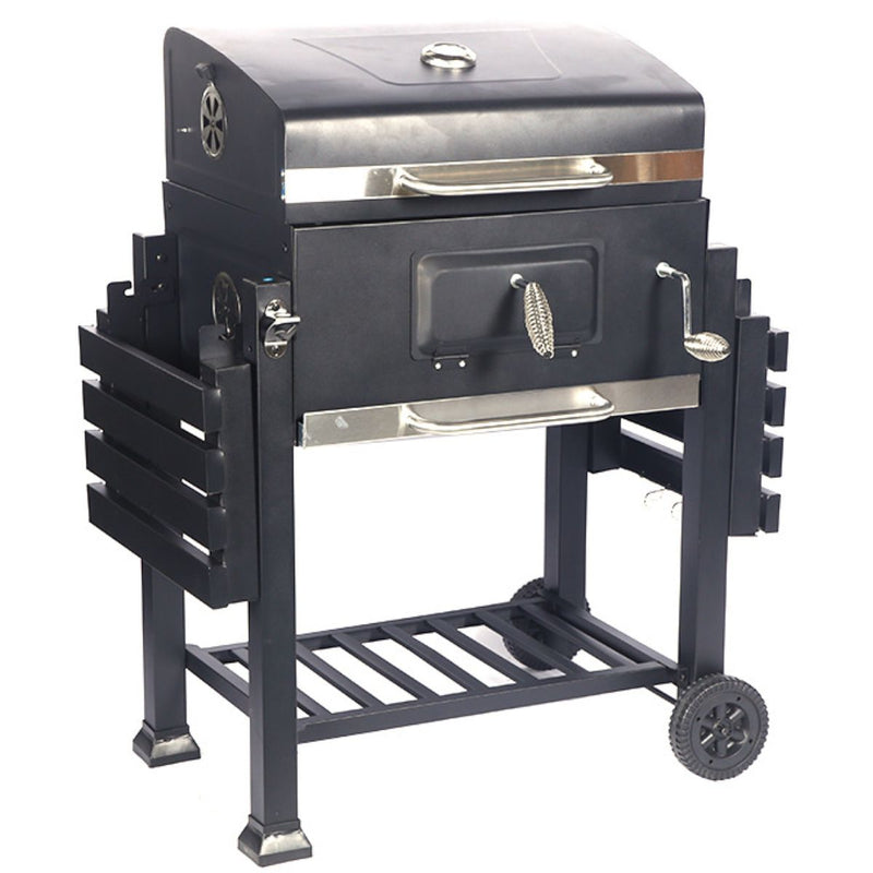 Barbacoa a Carbón. Parrilla Multifuncional: BBQ, Asador y Ahumador Compacto de Acero Inoxidable. Termómetro integrado.