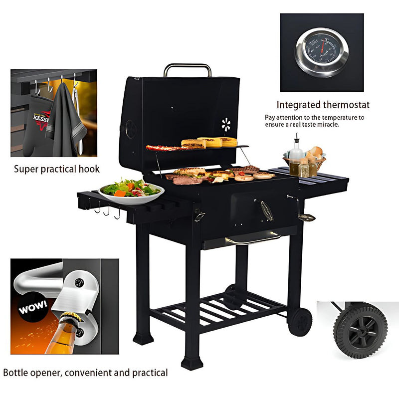 Barbacoa a Carbón. Parrilla Multifuncional: BBQ, Asador y Ahumador Compacto de Acero Inoxidable. Termómetro integrado.