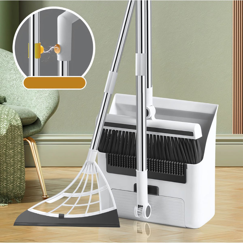 Escoba y Recogedor Plegable Multifuncional (Juego de 3 piezas) con Rascador, Mango de Acero y Recogedor Autolimpiante. Kit Set de limpieza.