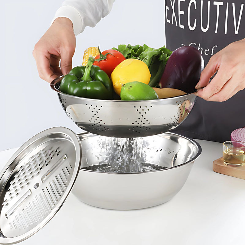 Bowl ensaladera Colador Rallador de Acero Inoxidable 28cm. Kit Set de 3 Piezas.