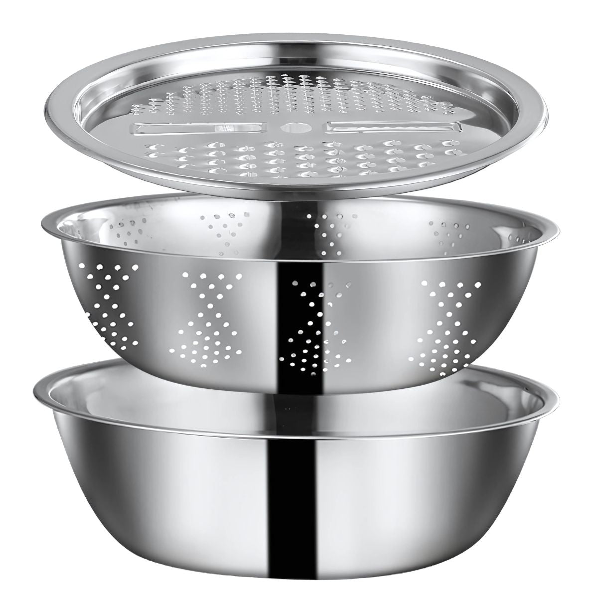 Bowl ensaladera Colador Rallador de Acero Inoxidable 28cm. Kit Set de 3 Piezas.