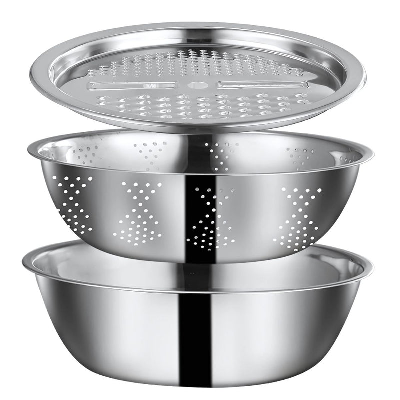 Bowl ensaladera Colador Rallador de Acero Inoxidable 28cm. Kit Set de 3 Piezas.