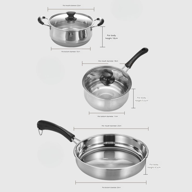 Ollas y sartenes De acero inoxidable. Set Juego de 3 piezas. 100% libre de teflon.