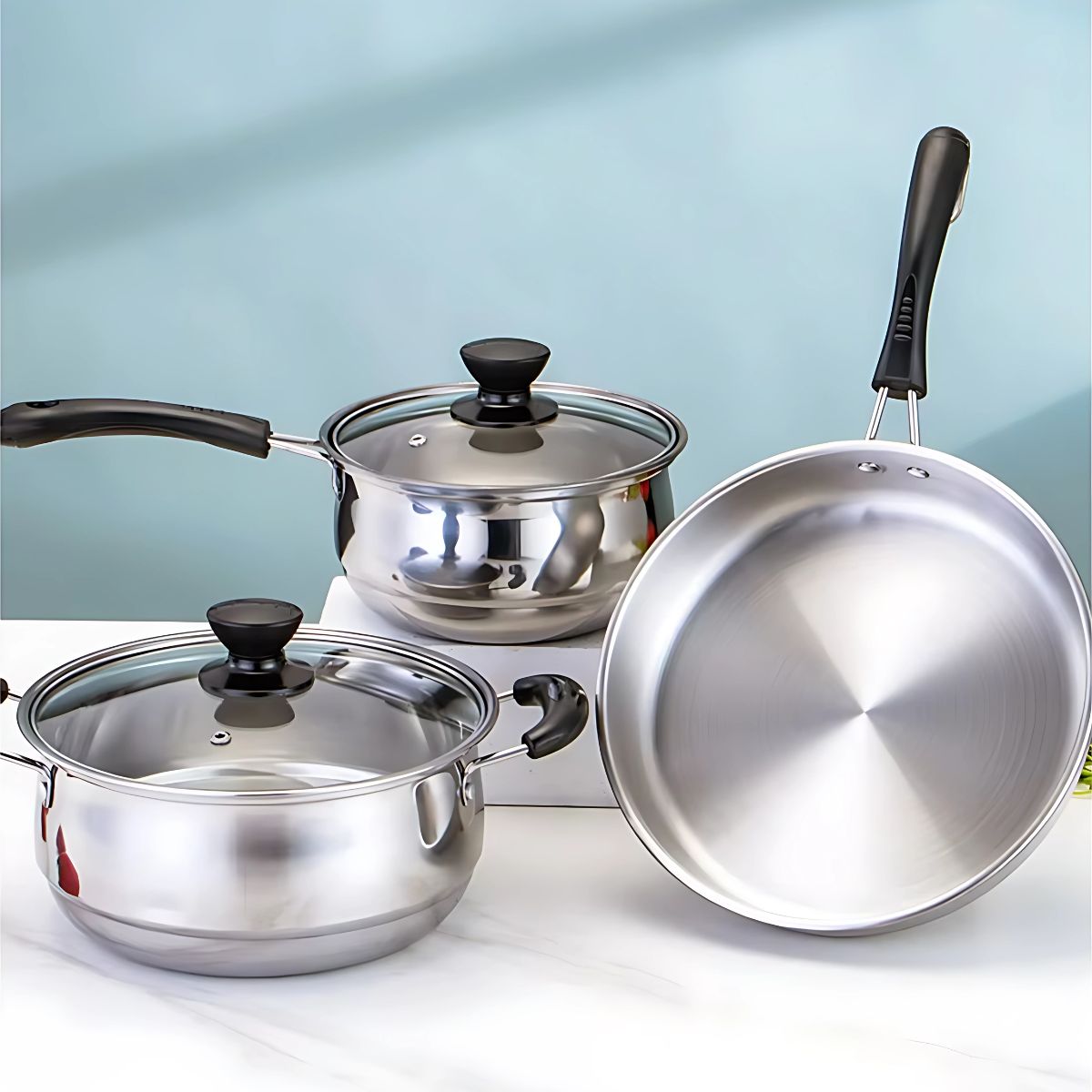 Ollas y sartenes De acero inoxidable. Set Juego de 3 piezas. 100% libre de teflon.