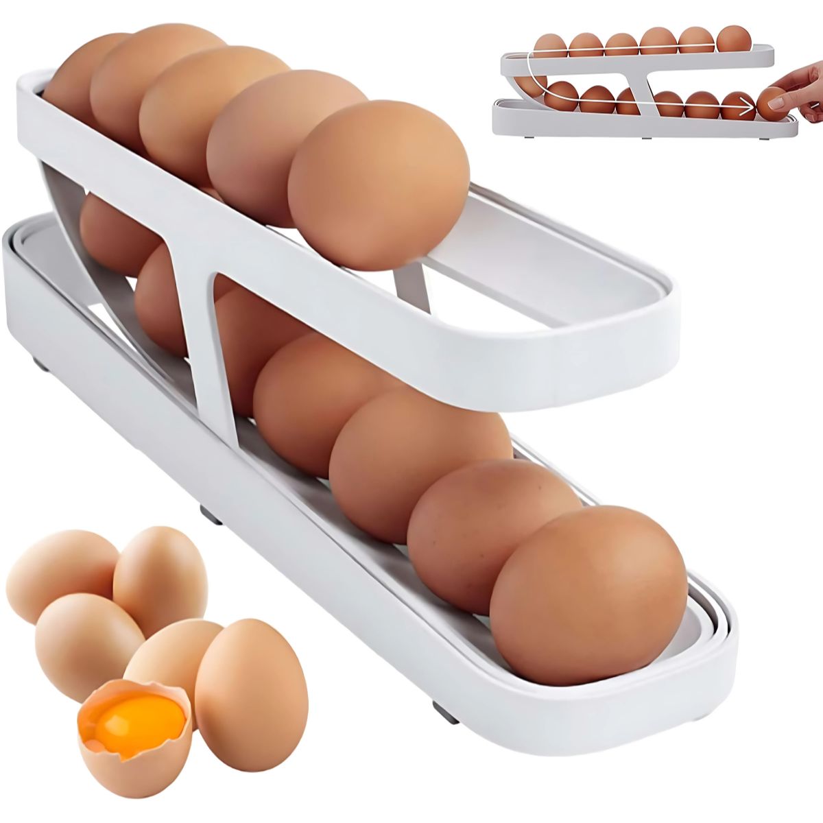 Organizador de huevos para nevera. Color blanco. Dispensador de huevos para refrigerador.