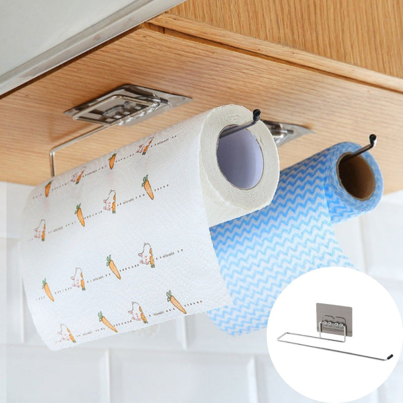 Soporte para Paños y Rollos de papel toalla de Acero Inoxidable. Gancho Adhesivo para cocina o baño.