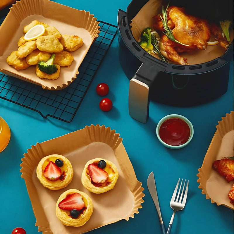 Papel bandeja Antiadherente Para Freidora De Aire. (50 Piezas). Papel Protector Desechable Para Air Fryer. 20Cm De Diámetro. Cuadrado.