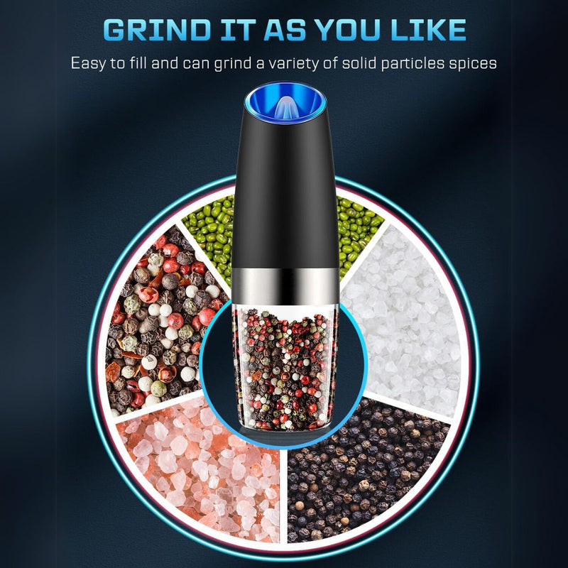 Molinillo Automático Sal y Pimienta con Sensor de Gravedad. (Set de 2 piezas) Juego con Luz LED y Grosor Ajustable. Molino