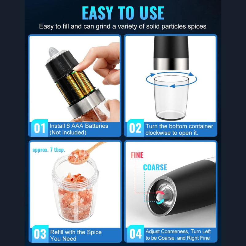 Molinillo Automático Sal y Pimienta con Sensor de Gravedad. (Set de 2 piezas) Juego con Luz LED y Grosor Ajustable. Molino