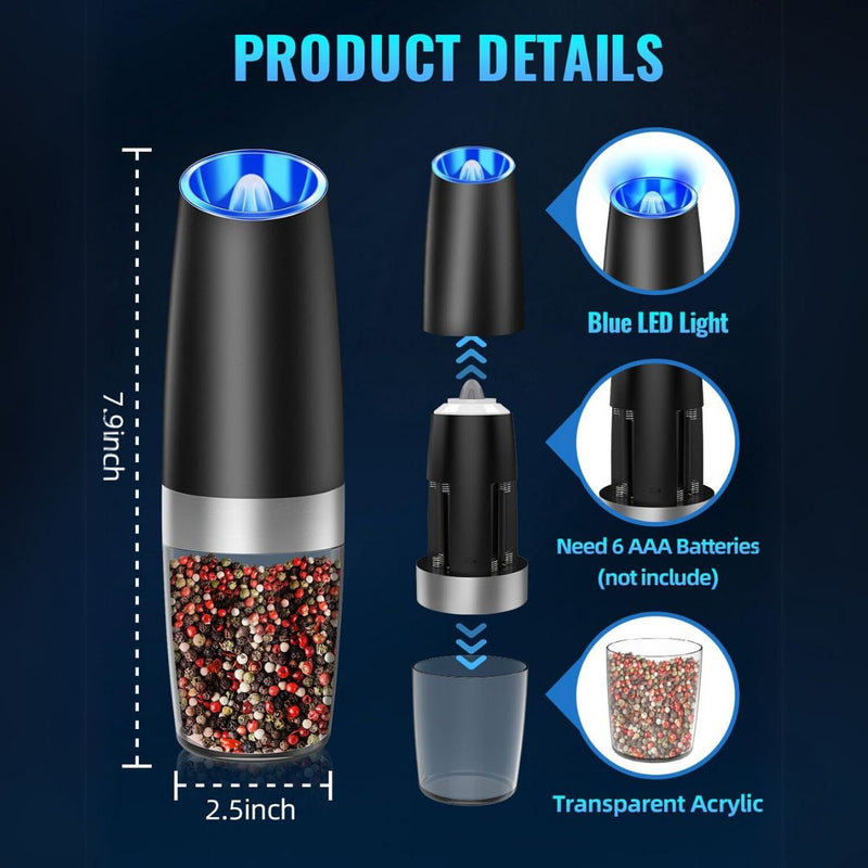 Molinillo Automático Sal y Pimienta con Sensor de Gravedad. (Set de 2 piezas) Juego con Luz LED y Grosor Ajustable. Molino