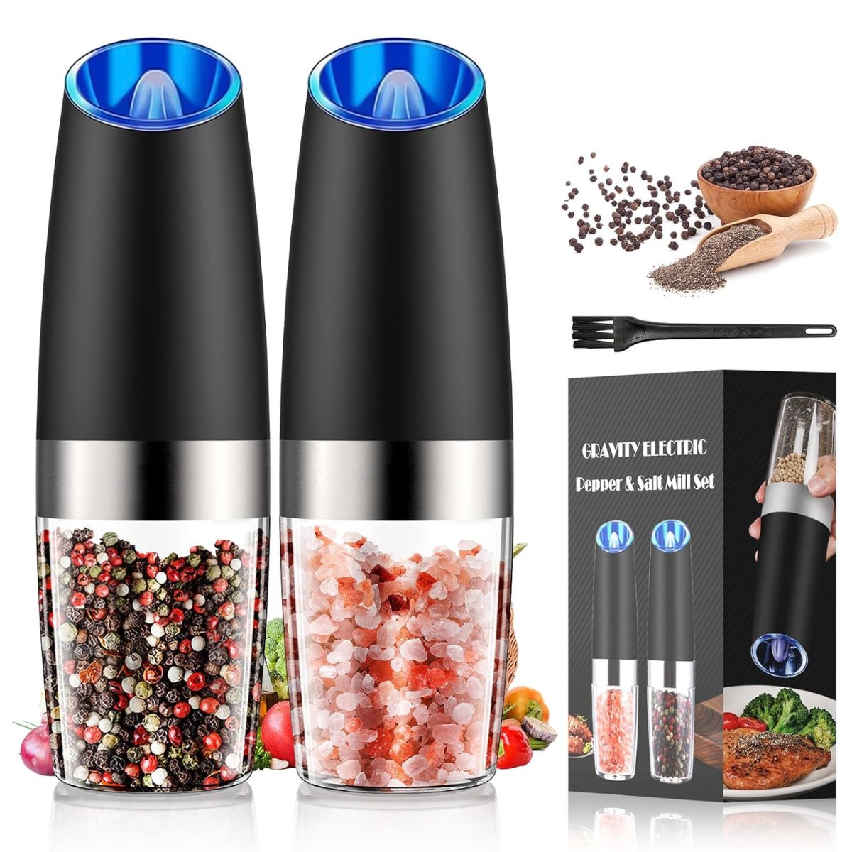 Molinillo Automático Sal y Pimienta con Sensor de Gravedad. (Set de 2 piezas) Juego con Luz LED y Grosor Ajustable. Molino