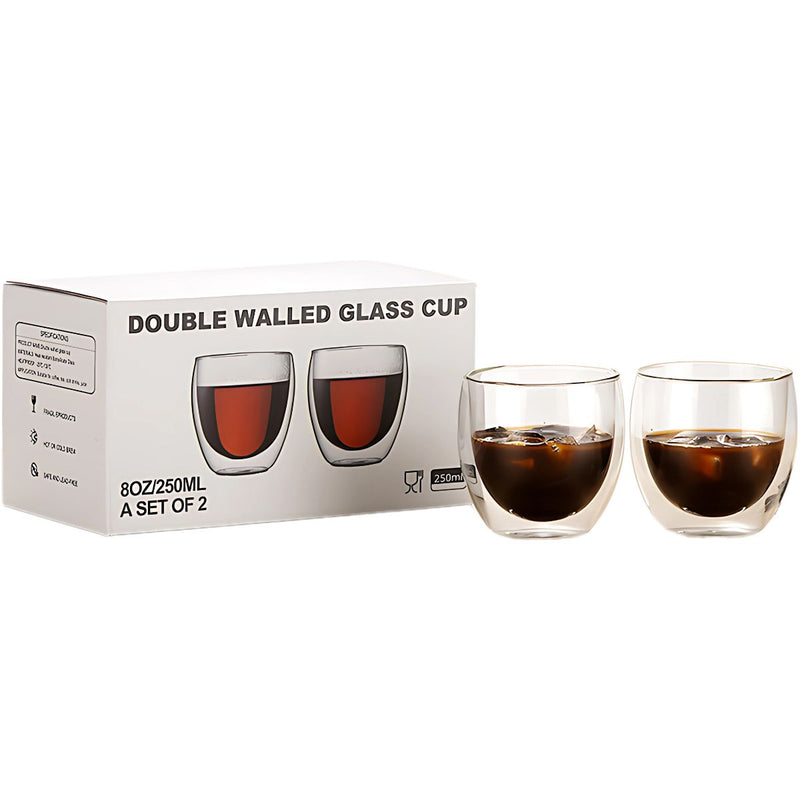 Vasos tazas de Vidrio con Doble Pared 250 ml (8.5 oz). Para Café, Té y Bebidas Frías o Calientes. (Set de 2 piezas)