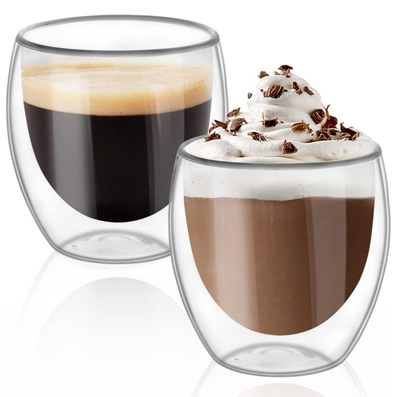 Vasos tazas de Vidrio con Doble Pared 250 ml (8.5 oz). Para Café, Té y Bebidas Frías o Calientes. (Set de 2 piezas)