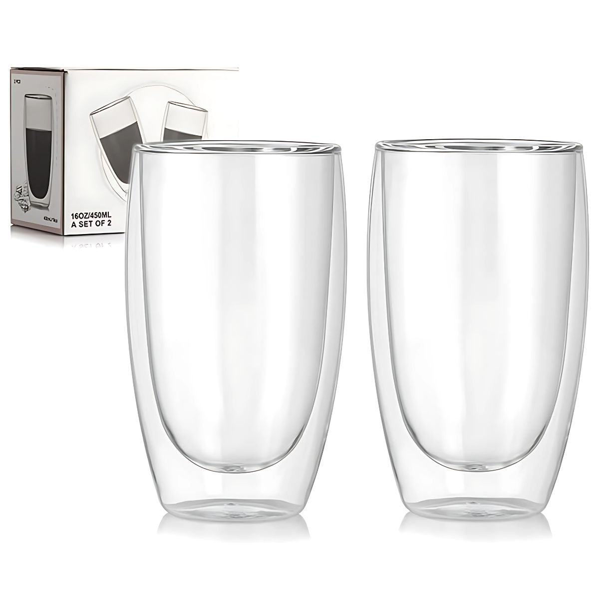 Tazas Vasos de Vidrio con Doble Pared 450 ml (15.2 oz). Para Café, Té, Cervezas o Bebidas Frías y Calientes. (Set de 2 piezas)