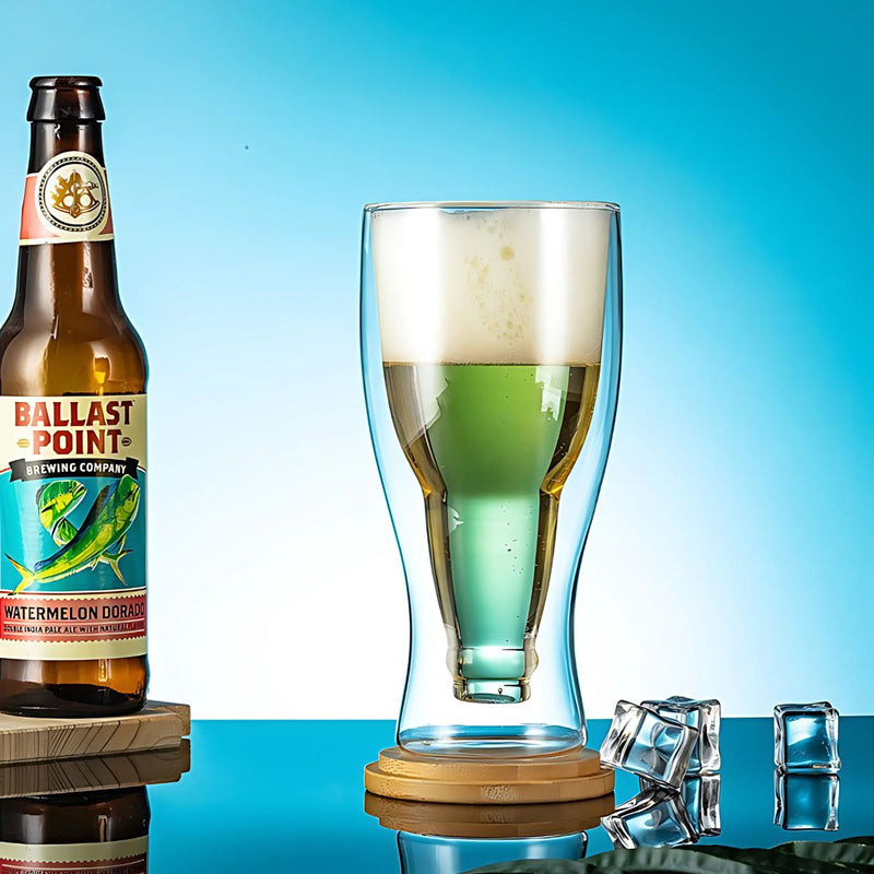 Vaso de Cerveza de vidrio Doble Pared 350 ml con Efecto Flotante y Aislamiento Térmico. (Unidad) Vidrio Borosilicato.