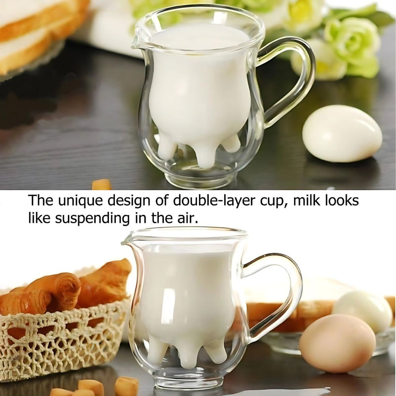 Taza De Vidrio Con Doble Pared con diseño de vaca. 8.5Oz (250Ml) Vaso Con Asa y forma de ubre. Ideal Para Café o Leche. (Unidad)