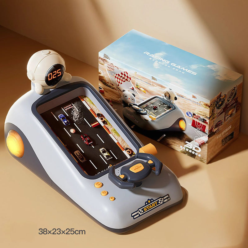 Juguete para niños. Mini Consola de Carreras Portátil con Volante y Carga USB.