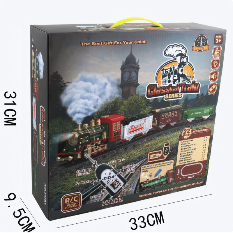 Juguete Eléctrico de Tren con Pista a Control Remoto. Locomotora con Luces y Humo.