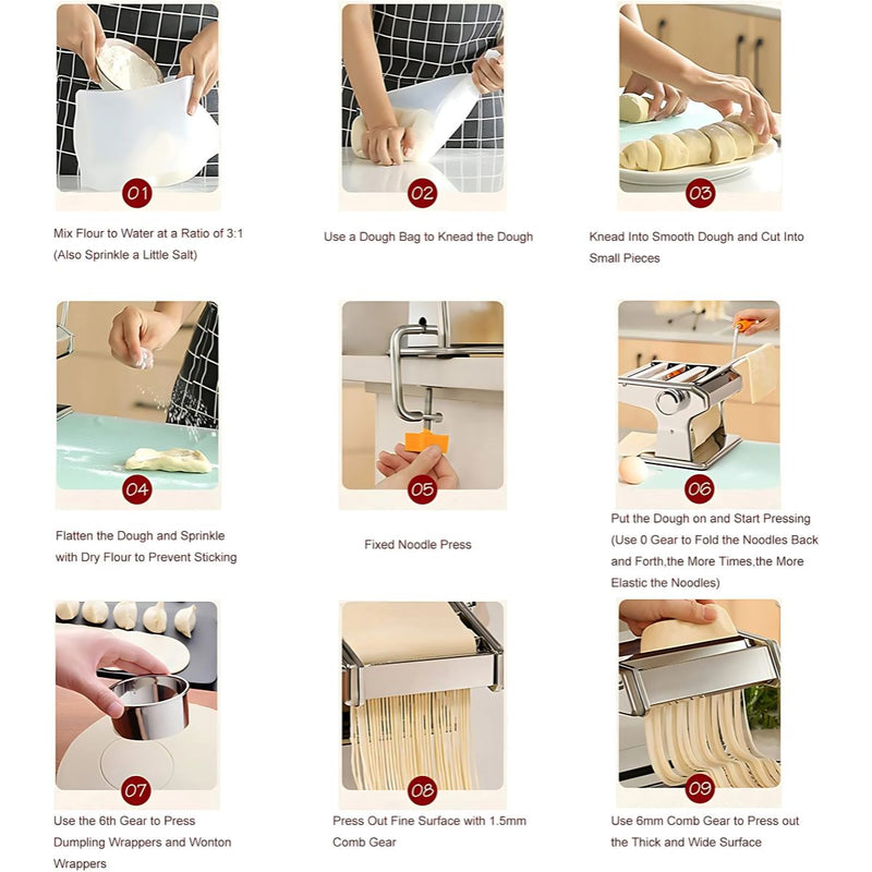 Máquina Manual para Hacer Pasta Fresca. Rodillo de 150 mm, 9 Niveles de Grosor y Cortador de Fideos. Spaguetti ravioli