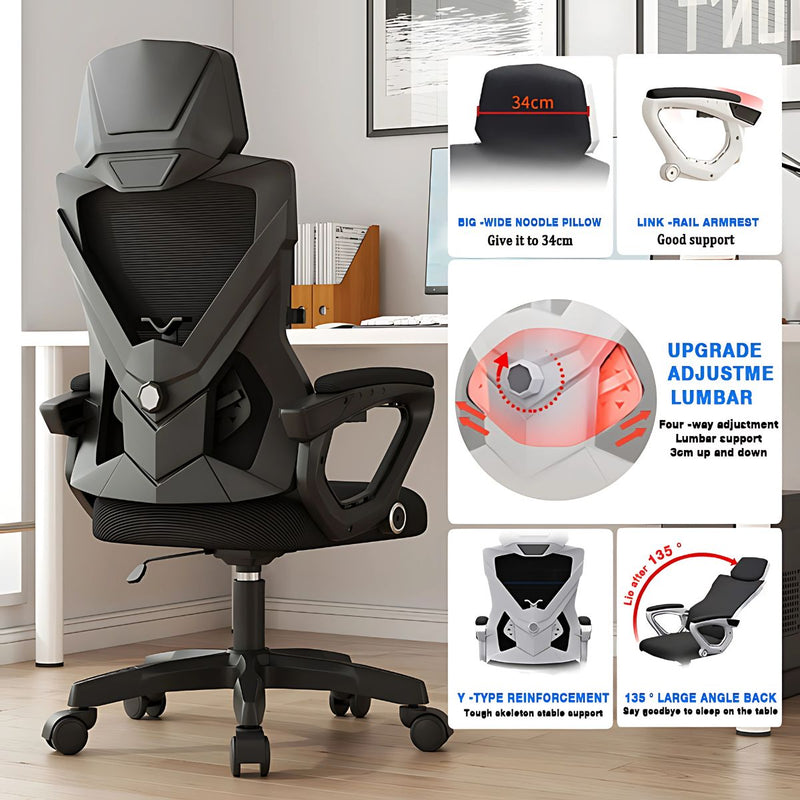 Silla de Oficina Ergonómica. Respaldar Reclinable 150°. Silla ejecutiva de escritorio con Soporte Lumbar Ajustable. Color Negro.