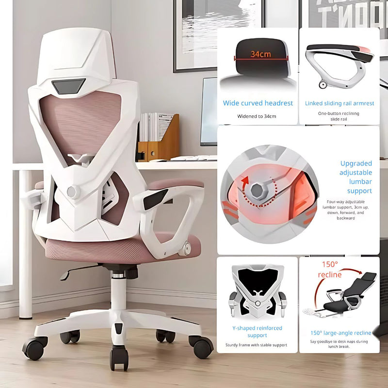 Silla Oficina Ergonómica. Respaldar Reclinable 150°. Silla ejecutiva de escritorio con Soporte Lumbar Ajustable. Color rosado.