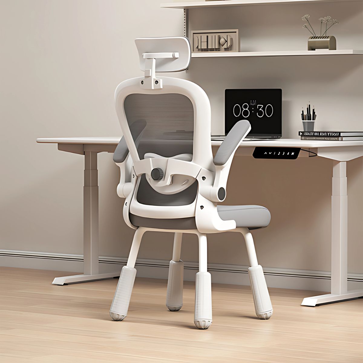 Silla de escritorio de 4 patas, Asiento reclinable ergonómico, cómoda silla de computadora, color blanco y gris para escritorio.