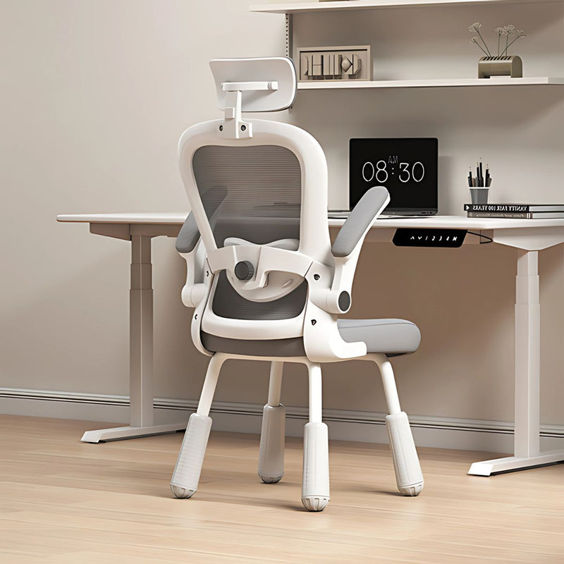 Silla de escritorio de 4 patas, Asiento reclinable ergonómico, cómoda silla de computadora, color blanco y gris para escritorio.