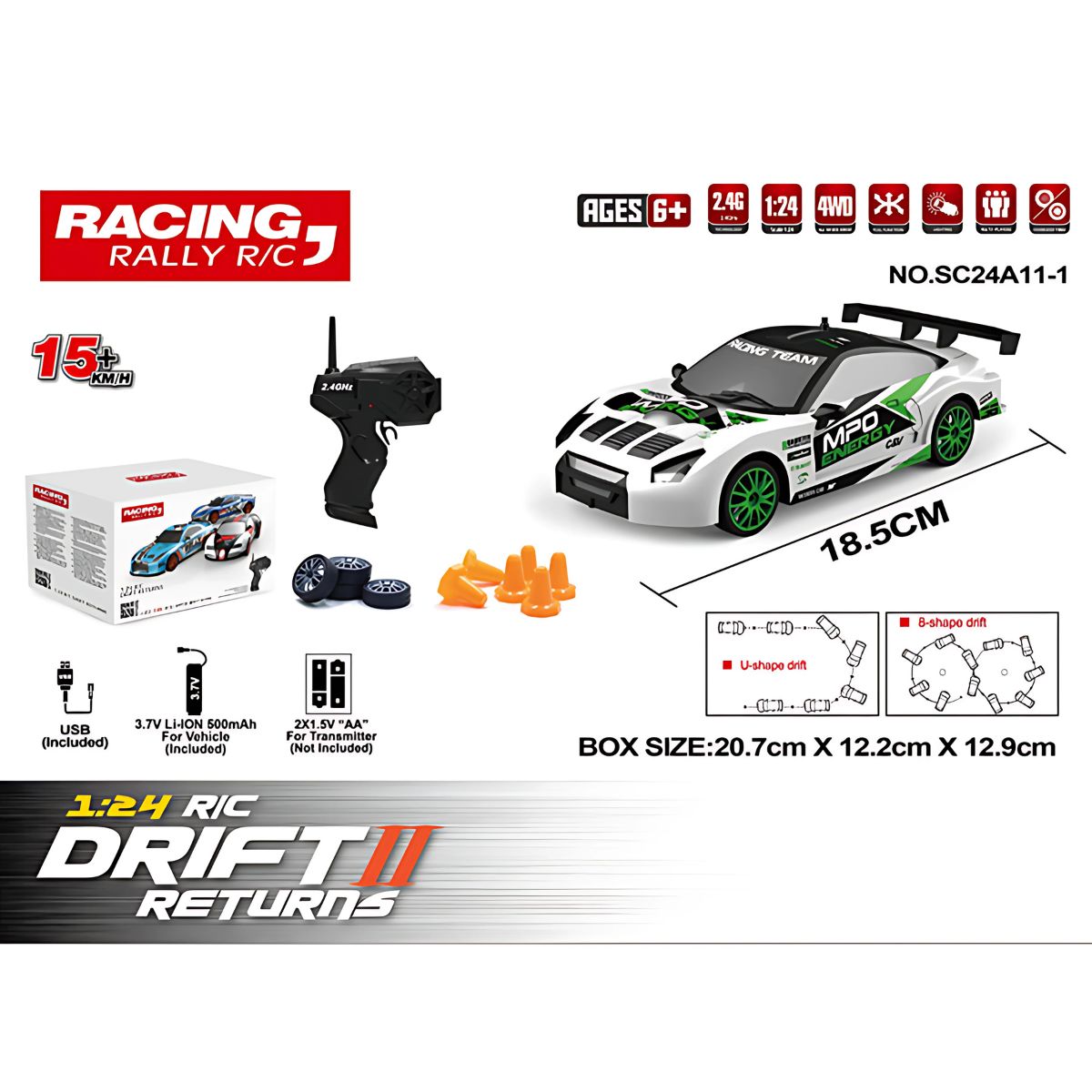 Juguete de carro a control remoto de drift con Batería Recargable. Incluye accesorios. Drifting