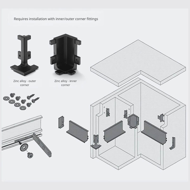 Conector de Esquina Externa para Zócalo Modular de cocinas. Color negro (Unidad). Aleación de Zinc. Conector esquinero de Ángulo Recto para perfil de aluminio.