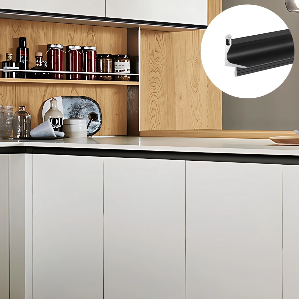 Perfil Superior Tipo Gola para Muebles Modulares cocina. (3 metros) Negro Mate para gabinetes sin tiradores. Ideal para cocina.