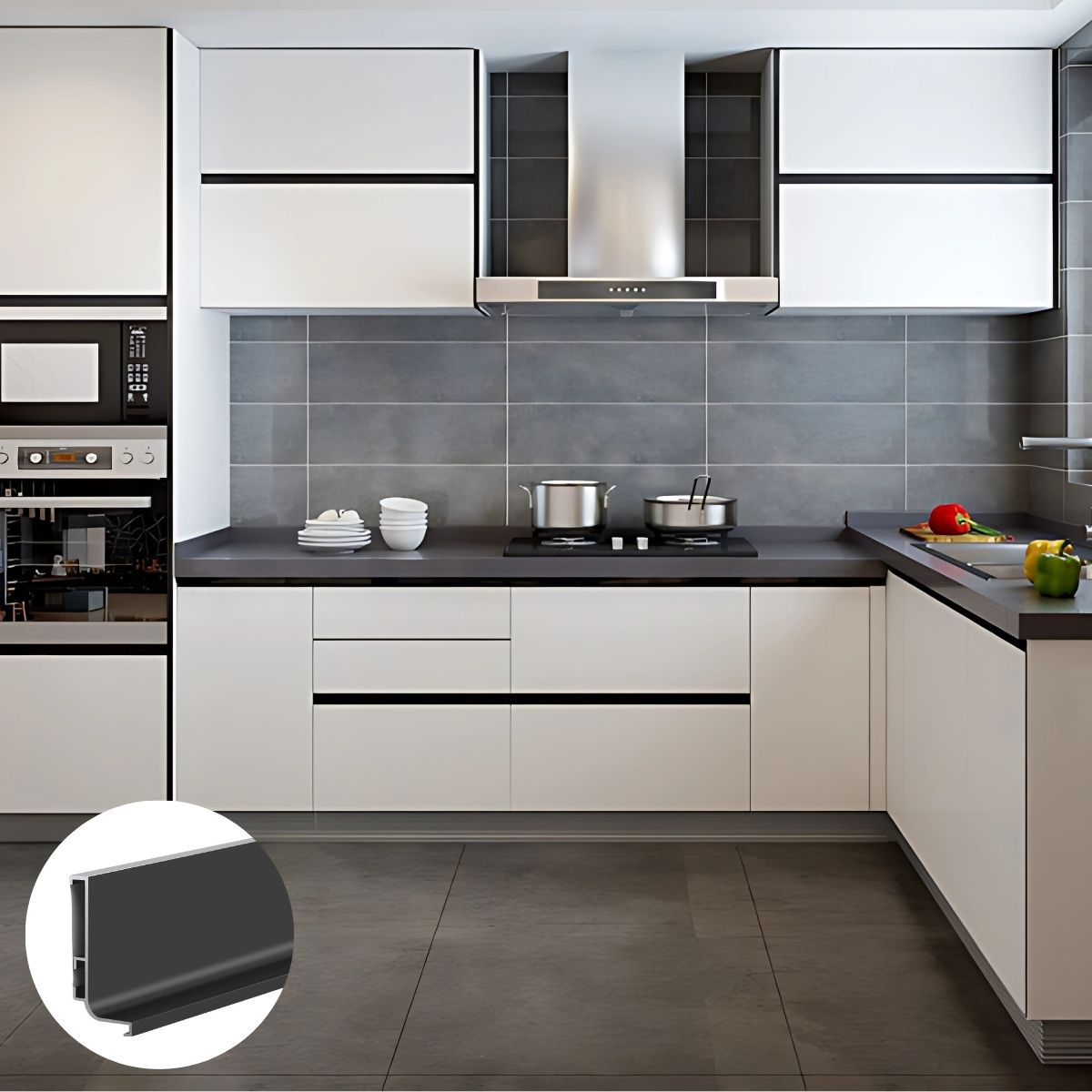 Perfil Inferior Tipo Gola para Muebles Modulares. (3 metros) Negro Mate para Gabinetes sin Tiradores. Ideal para cocina.