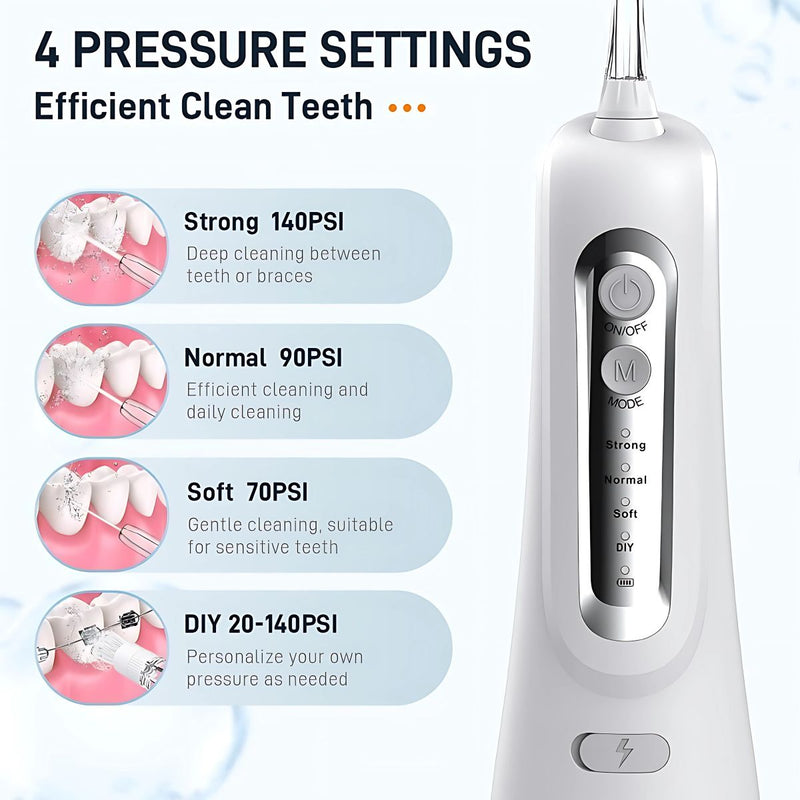 Irrigador Bucal Portátil de 4 Modos con Tanque de 330 ml y Boquillas Intercambiables. Limpieza profunda.